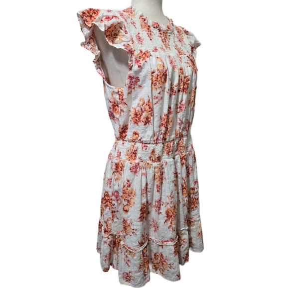 LOFT Floral Smocked Waist Tiered Dress Size Large White Orange Ruffle Cap Sleeve - Picture 3 of 14